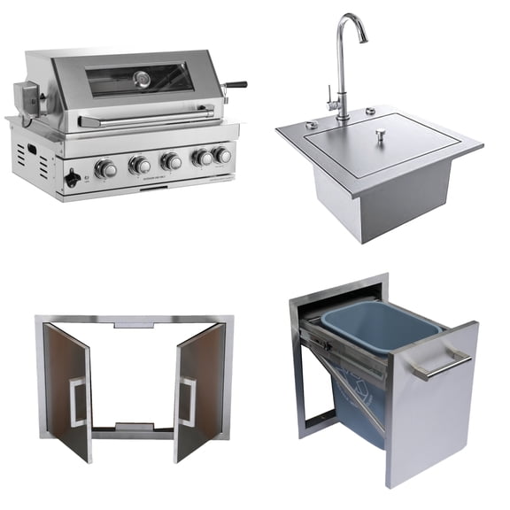 Mondawe Built-in Outdoor Kitchen 32 inch LPG Gas Grill 60000 BTU Stainless Steel Four burners Grill with Infrared Rear Bunrer and Door and Drawer Combo and Drop in Stainless Steel 304# Sink