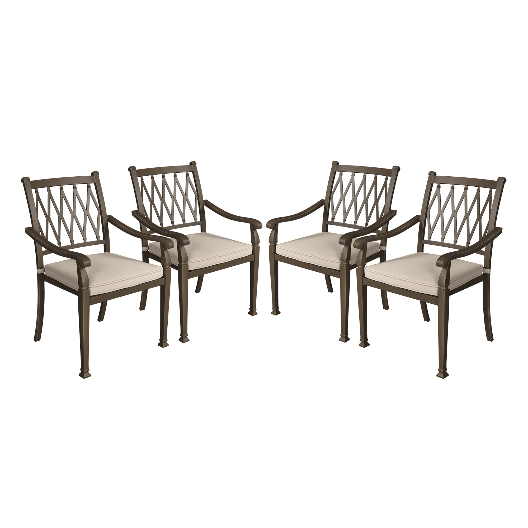 Beige Cushioned Cast Aluminum Outdoor Dining Chairs, Set of 4