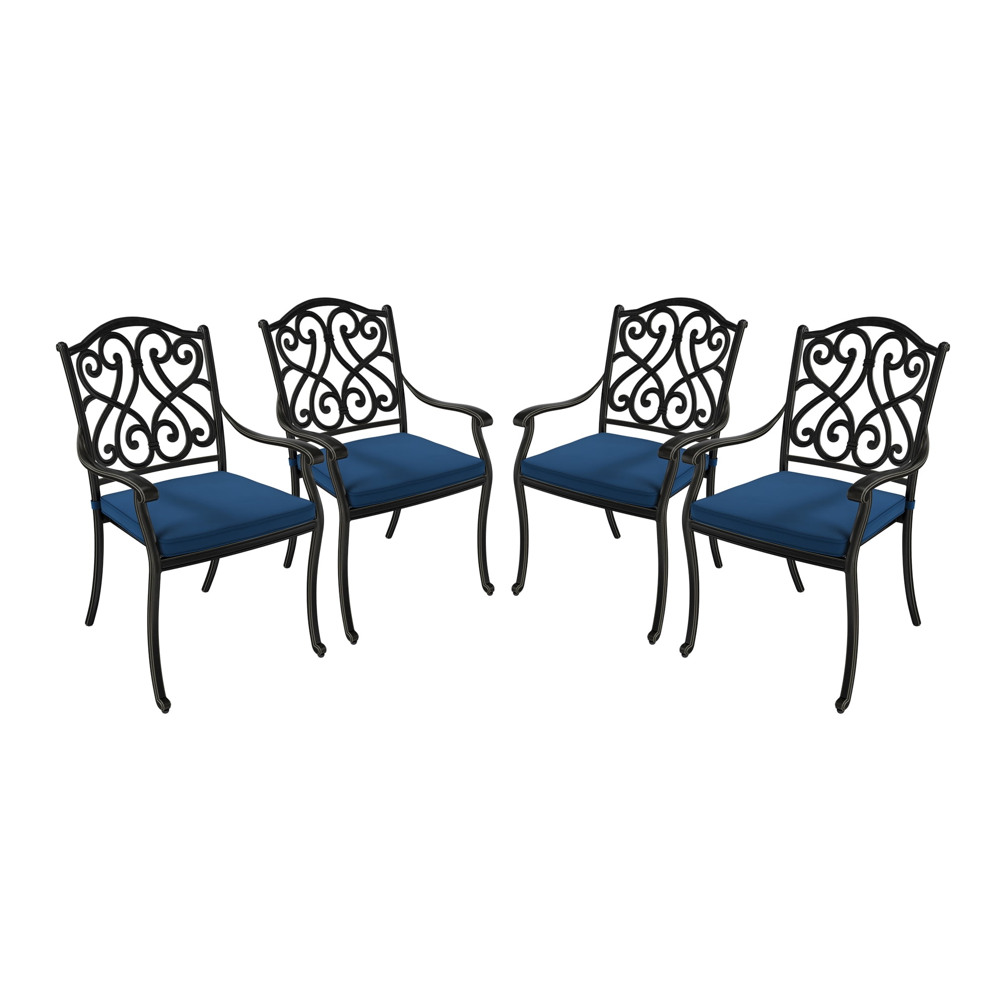 Set of 4 Black Cast Aluminum Outdoor Dining Chairs with Blue Cushions
