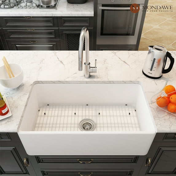 Mondawe Farmhouse Sink 33 inch Fireclay Apron Front Single Bowl, Kitchen Sink Drop In /Farm Sink Undermount with Custom Bottom Grid & Strainer Drain