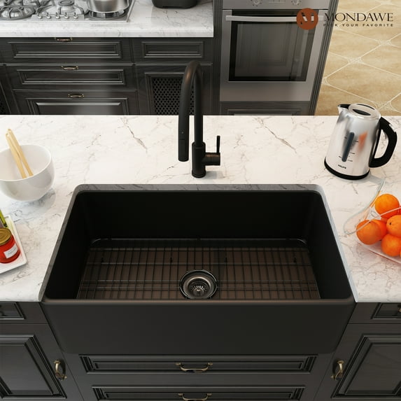 Mondawe Farmhouse Sink 33 inch Fireclay Apron Front Single Bowl, Kitchen Sink Drop In /Farm Sink Undermount with Custom Bottom Grid & Strainer Drain