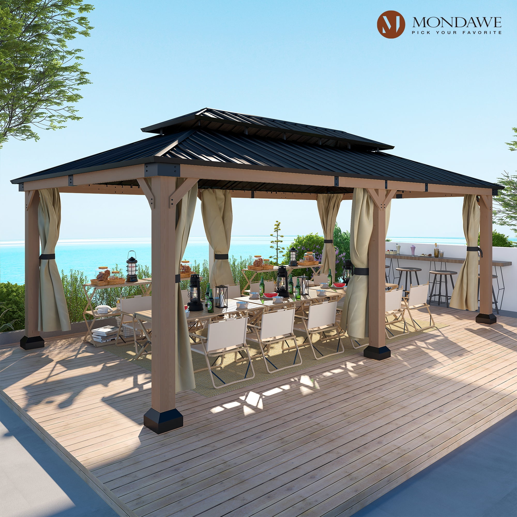 Beverly Hills 20-ft x 12-ft Cedar Wood and Black Steel Patio Gazebo