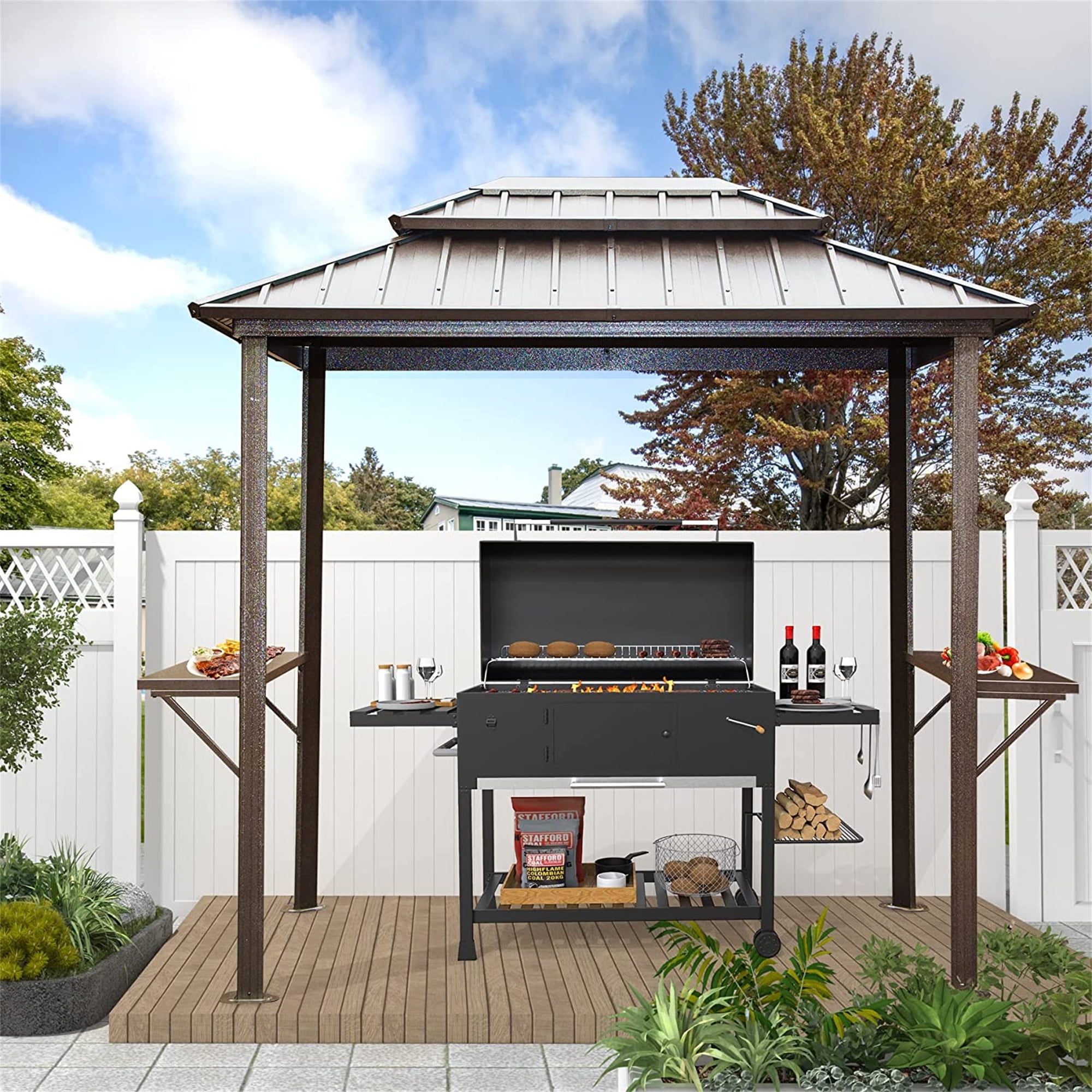 Mondawe Grill Gazebo 8' × 6', Aluminum BBQ Gazebo Outdoor Metal Frame with Shelves Serving Tables, Permanent Double Roof Hard top Gazebos for Patio Lawn Deck Backyard and Garden (Brown)
