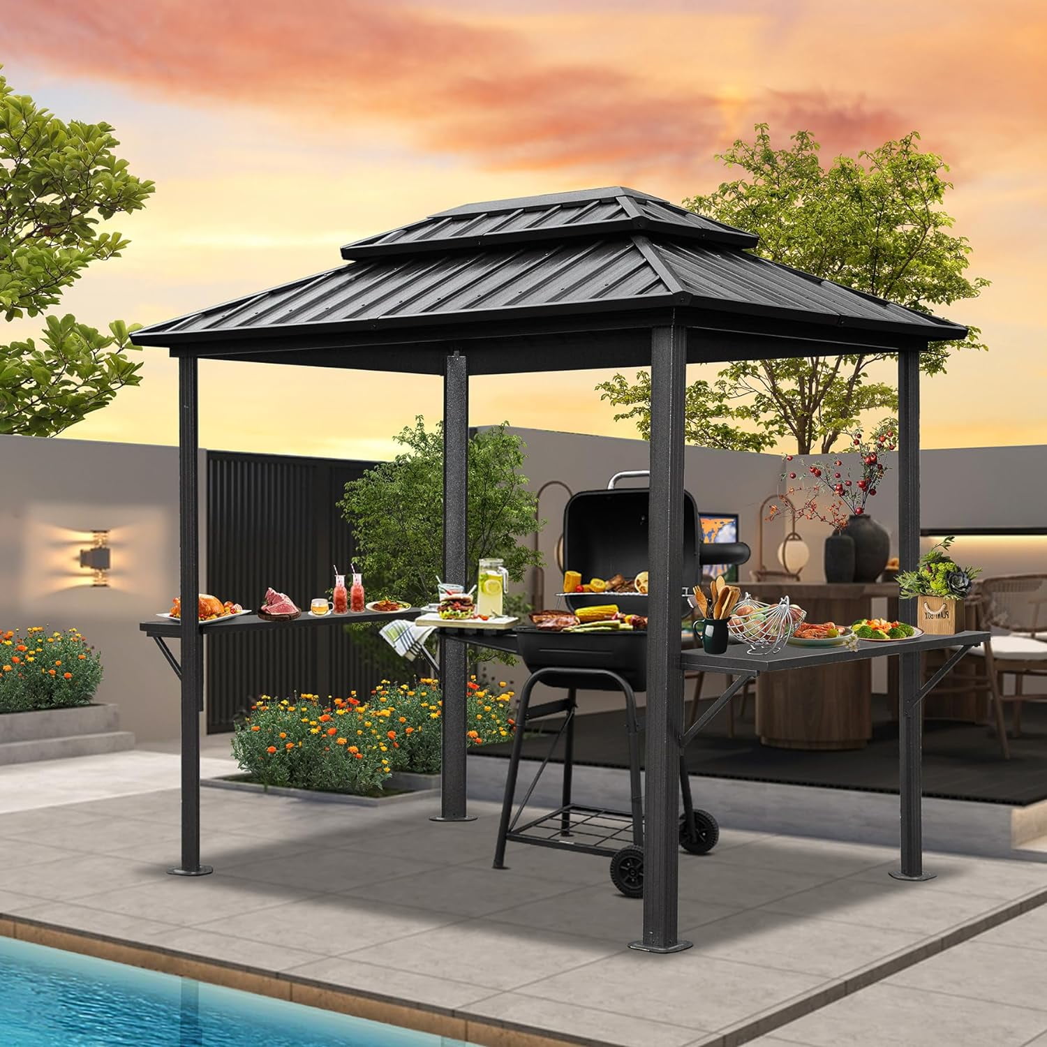 Mondawe Grill Gazebo 8' × 6', Aluminum BBQ Gazebo Outdoor Metal Frame with Shelves Serving Tables, Permanent Double Roof Hard top Gazebos for Patio Lawn Deck Backyard and Garden (Black）