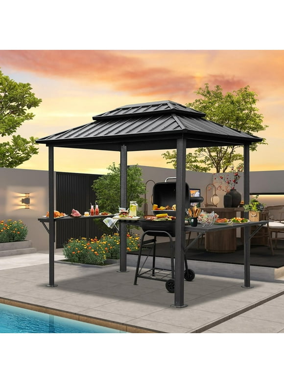 Mondawe Grill Gazebo 8' × 6', Aluminum BBQ Gazebo Outdoor Metal Frame with Shelves Serving Tables, Permanent Double Roof Hard top Gazebos for Patio Lawn Deck Backyard and Garden (Black）