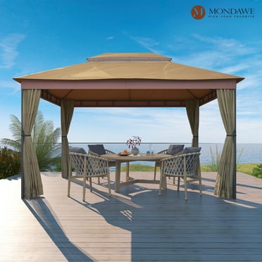 Mondawe Outdoor Gazebo with Curtains,Iron Pole & Polyester Top Gazebo for Patio and Garden,10'x13' with 130 sq ft of Shade,Khaki