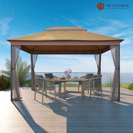 Mondawe Outdoor Gazebo with Netting,Iron Pole & Polyester Top Gazebo for Patio and Garden,10'x13' with 130 SQ FT of Shade,Khaki