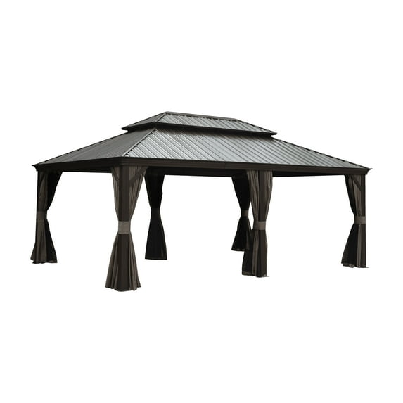 Mondawe Outdoor Living 14x20FT Hardtop Gazebo, Permanent Metal Gazebo with Galvanized Steel Double Roof and Aluminum Frame, Curtain and Netting, Large Pavilion Gazebo for Patio Deck Garden