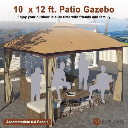 Mondawe Outdoor Patio Gazebo 10'x12' Iron Pole & Polyester Top,Gazebos Party Tent Shelter with Double Roofs and Waterproof Curtains for Backyard,Lawn, Khaki