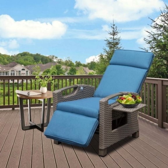 Mondawe Outdoor Recliner Chair, Patio Recliner with Hand-Woven Wicker, Flip Table Push Back, Adjustable Angle, 6.8'' Thickness Cushions, Reclining Lounge Chair for Indoor and Outdoor, Navy Blue