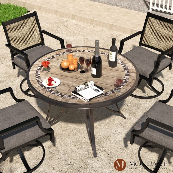 Mondawe Patio Dining Table 48" Tiles Top Cast Aluminum Round Outdoor Table