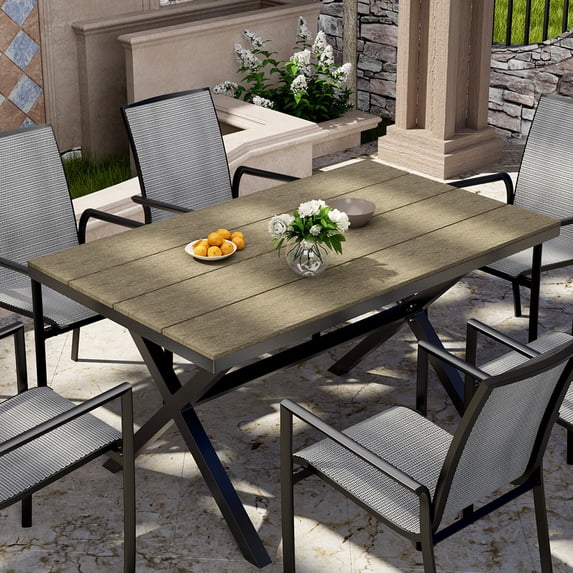 Mondawe Patio Dining Table 59" Brwon Rectangular Plastic Wood Outdoor Side Table w/ Imitation Wood Grain Pattern