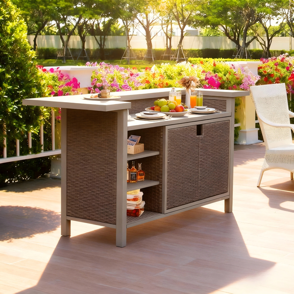 Mondawe Wood Grain Aluminum PE Wicker Patio Bar Table - All-Weather Storage Cabinet Cart for Patio Kitchen/Bar