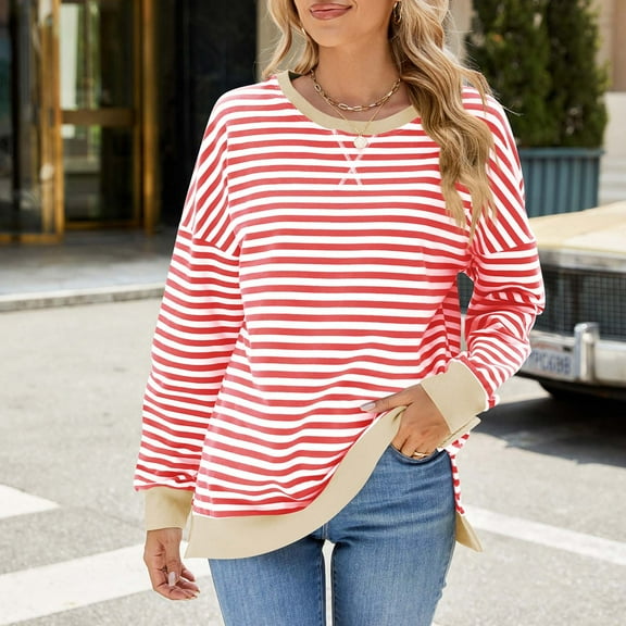 Striped Oversized Sweatshirt Women Long Sleeve Crew Neck Hoodies Fashion Casual Loose Pullover Top (Beige M)