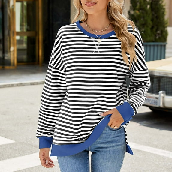 Striped Oversized Sweatshirt Women Long Sleeve Crew Neck Hoodies Fashion Casual Loose Pullover Top (Black L)