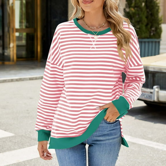Striped Oversized Sweatshirt Women Long Sleeve Crew Neck Hoodies Fashion Casual Loose Pullover Top (Pink S)