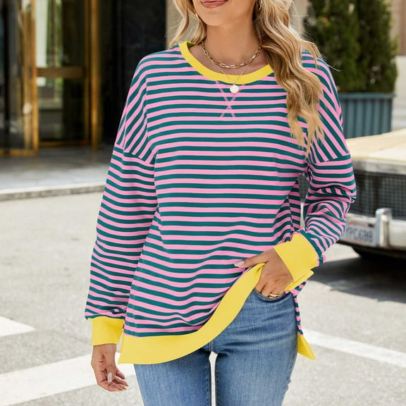 Striped Oversized Sweatshirt Women Long Sleeve Crew Neck Hoodies Fashion Casual Loose Pullover Top (Yellow S)