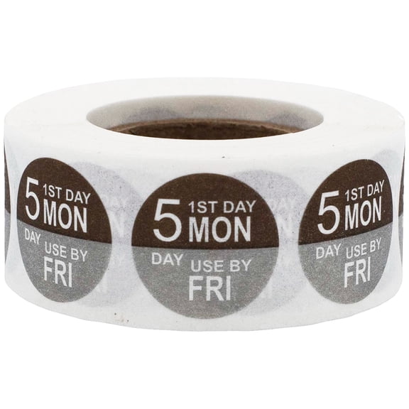 Monday Dissolvable 5 Day Food Rotation Preparation Shelf Life Circle Stickers, 0.75 Inch Round, 500 Labels on a Roll