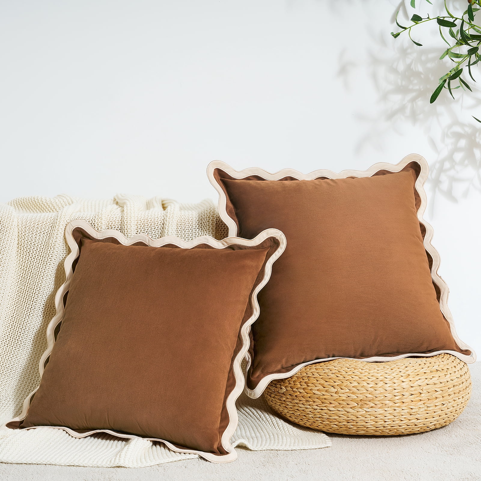 MONDAY MOOSE Decorative Throw Pillow Covers Set Of 2 - Soft Velvet Striped Piping Edge, Coral/Dark Teal, 20x20 Inch (Inserts Not Included)