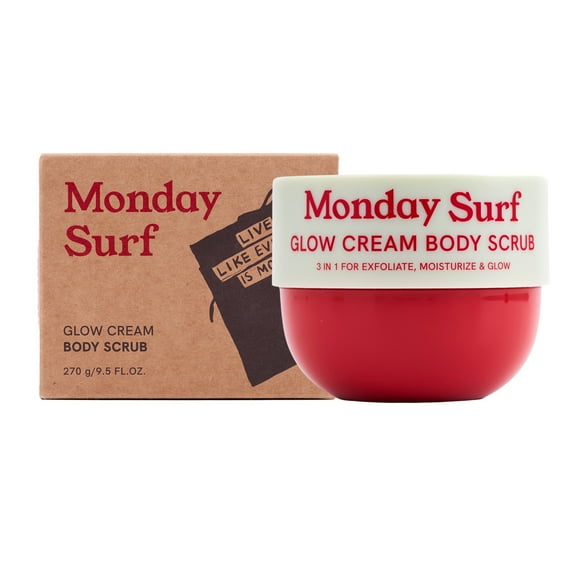 Monday Surf Glow Cream Body Scrub Hydrating & Nourishing Cream with Argan Oil, Rice Bran Oil, Camellia Oil & Glycolic Acid Vegan, Microplastic-Free, Vanilla Floral Scent 9.5 oz