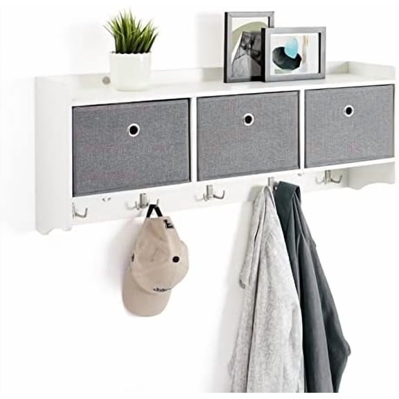 Mondeer Coat Rack with Shelf, Storage Unit Wall Mounted with 3 Baskets 5 Hooks Wooden Modern Style for Hallway Entryway Living Room, W98 x H40 x D22 cm, White$$Home Decor, Kitchen, & Other