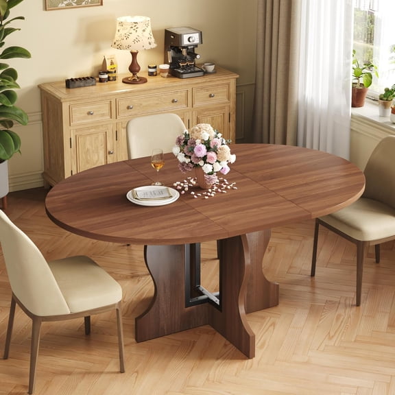 Mondeer Extendable Round Dining Table for 4-6, 43.3"-59" Oval Dining Table with Heavy Duty Wood Base and Hidden Extension Storage Space Saving, for Kitchen Living Room (Walnut)