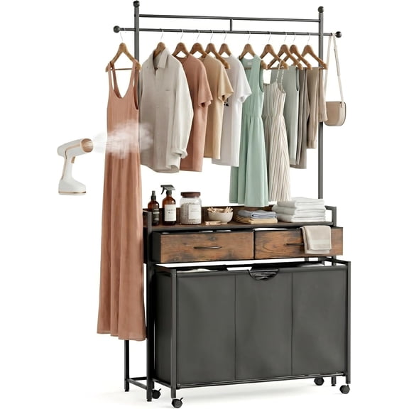 Mondeer Laundry Sorter with 2 Drawers and Hanging Rack, 150L Laundry Hamper with 3 Compartments Pull-Out Rolling Bag, Laundry Basket Organizer for Bathroom, Rustic Brown and Black