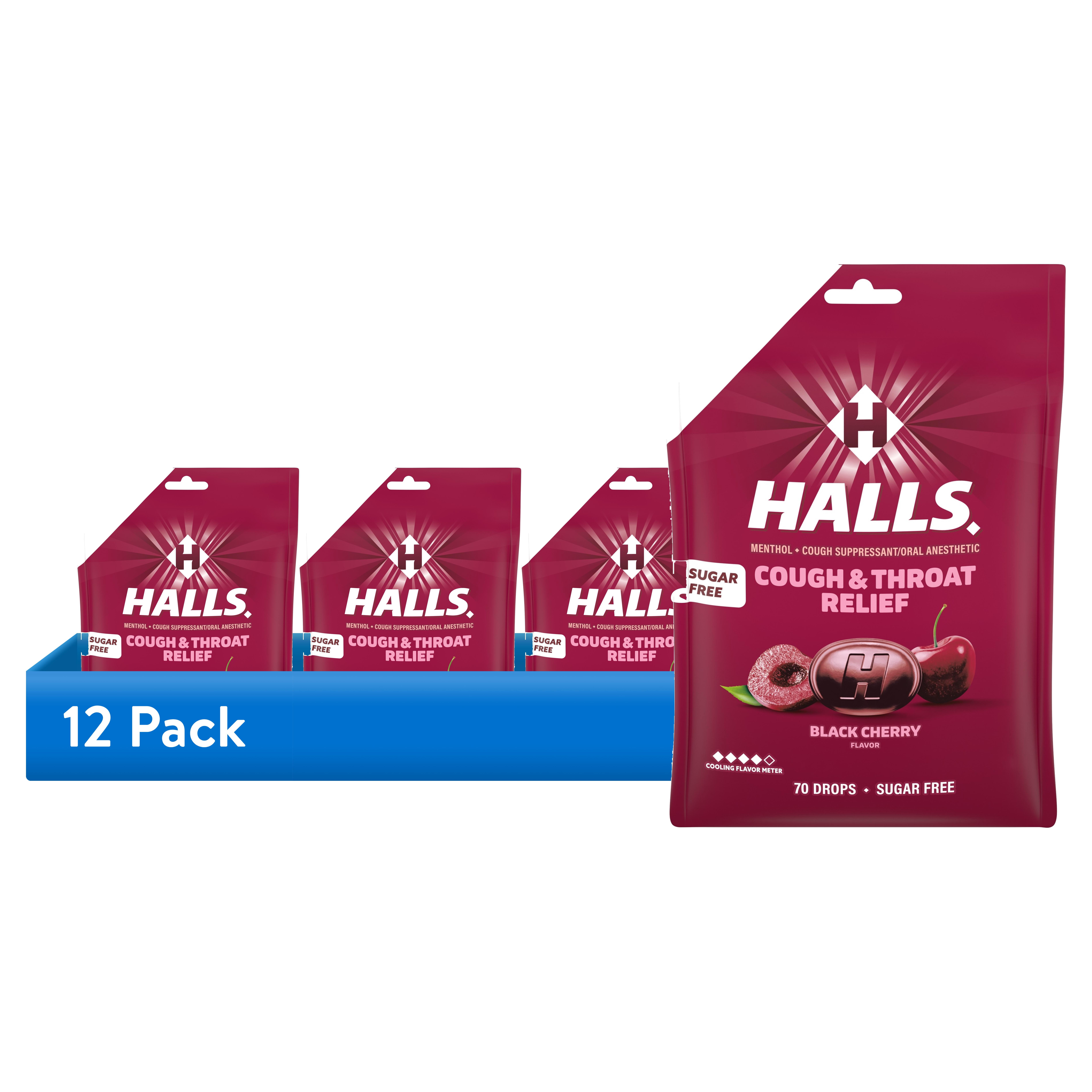 (12 pack) HALLS Cough & Throat Relief Black Cherry Sugar Free Cough Drops, Value Pack, 70 Drops