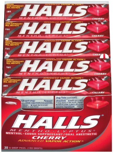 Halls Cherry Cough Drops - with Menthol - 180 Drops (20 sticks of 9 drops)