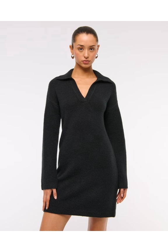Collared Long Sleeve Dress Black, Size L