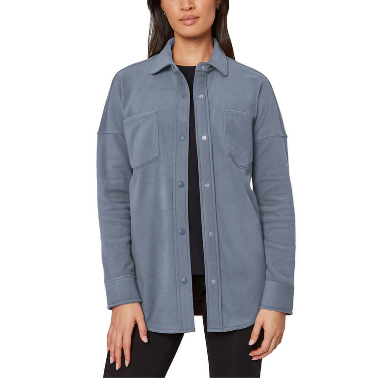Mondetta Ladies' Cozy Fleece Button Up Shirt Jacket, Blue Large 