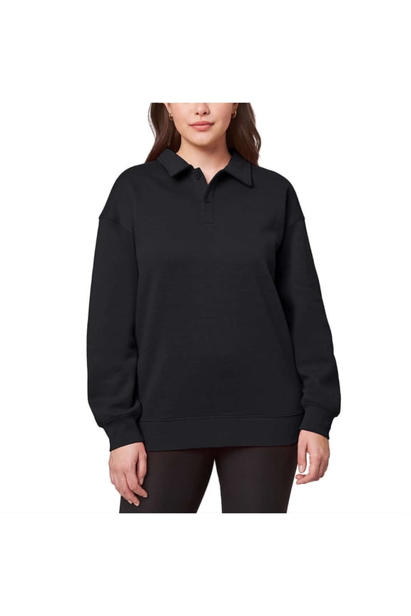 Women's Collared Relaxed Fit Soft Fleece Sweatshirt Pullover Top-Black / L