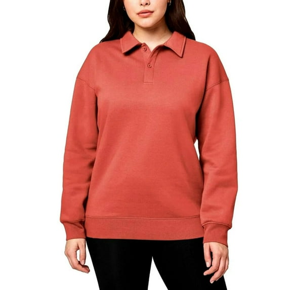 Mondetta Women's Collared Relaxed Fit Soft Fleece Sweatshirt Pullover Top (Red, 2X)