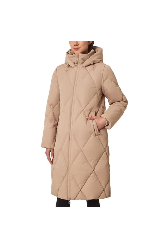 Women's Long Diamond Quilted Parka Down Fill Tan L
