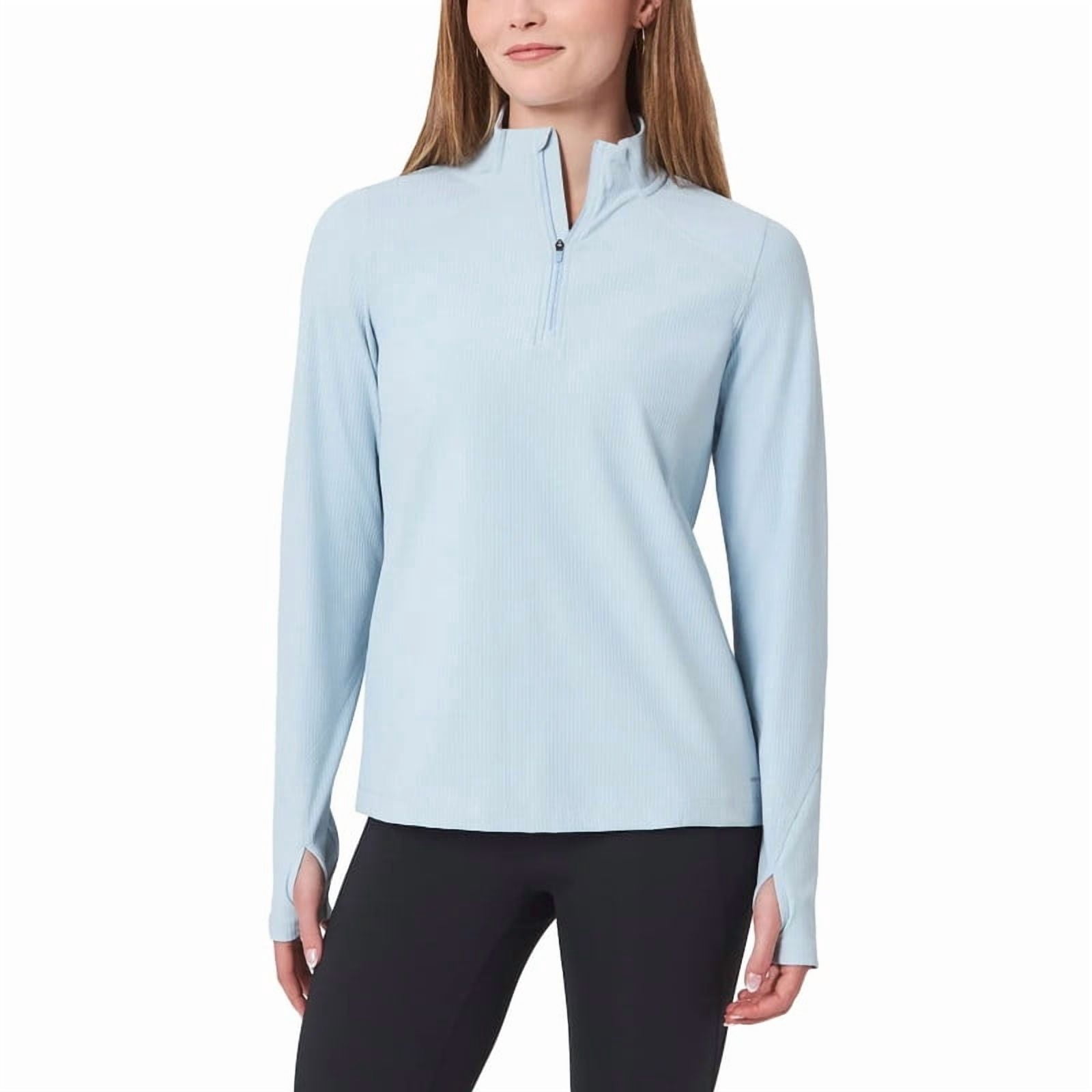 Women's Long Sleeve Active Ribbed Quarter-Zip Pullover with Thumb Holes (Blue, Medium)