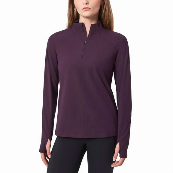 Mondetta Women's Long Sleeve Active Ribbed Quarter-Zip Pullover with Thumb Holes (Purple, Large)