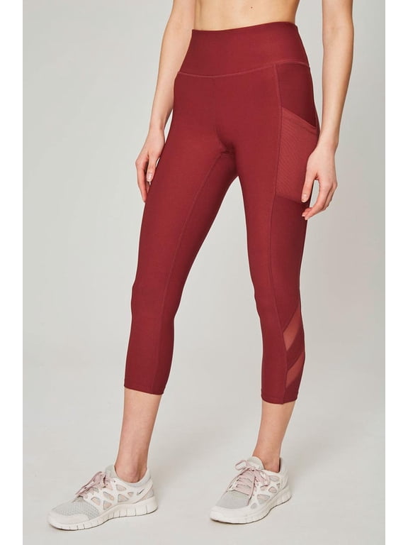 Women's Midweight High Waisted Mesh Capri Legging(Oxblood Red, X-Large)