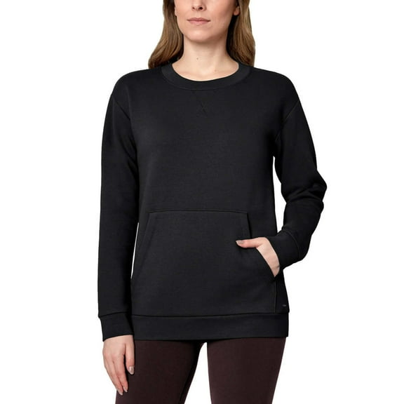 Mondetta Women's Soft Brushed Fleece Kangaroo Pocket Crewneck Top Casual Active Sweatshirt-Black / 3X