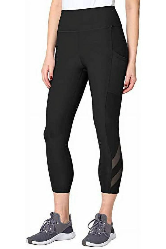 Womens Midweight High Waisted Mesh Capri Legging (Small, Black)