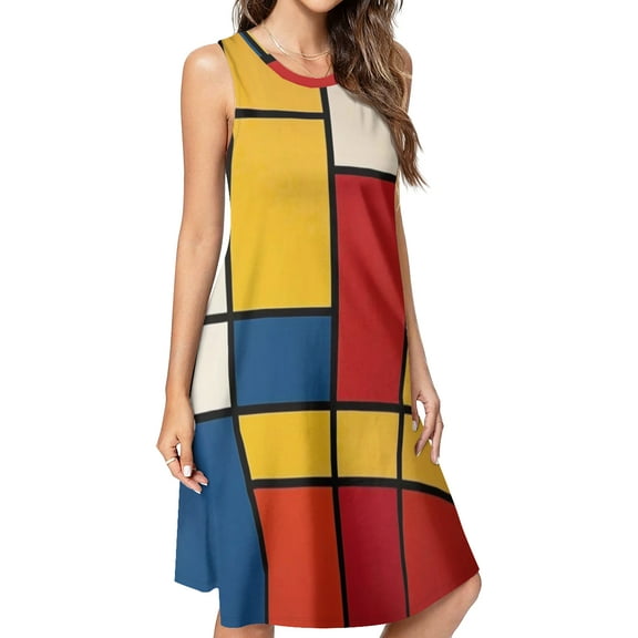 Mondrian Inspired（1） Spring Summer Dresses for Women Fashion T-shirt Dress Casual Sleeveless Loose Sundress with Pockets