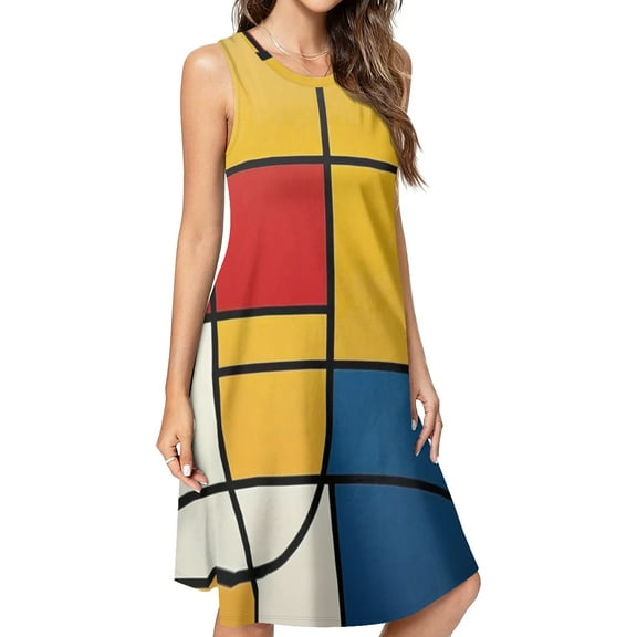 Mondrian Inspired（10） Spring Summer Dresses for Women Fashion T-shirt Dress Casual Sleeveless Loose Sundress with Pockets