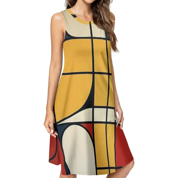 Mondrian Inspired(11) Spring Summer Dresses for Women Fashion T-shirt Dress Casual Sleeveless Loose Sundress with Pockets