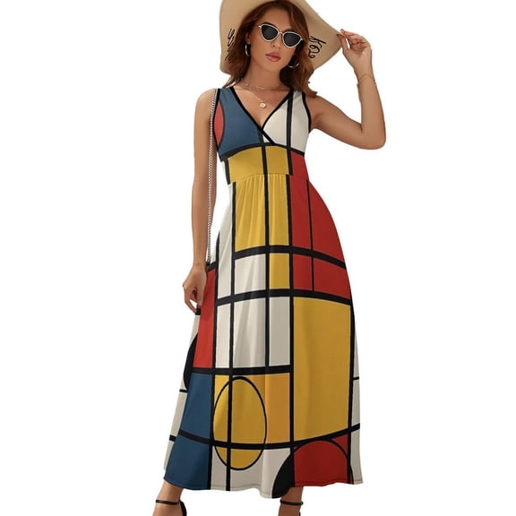 Mondrian Inspired（14） Womens Night Club Maxi Dress V Neck Sleeveless Bohemia Long Dresses