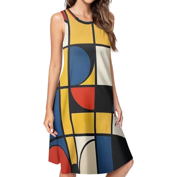 Mondrian Inspired(15) Spring Summer Dresses for Women Fashion T-shirt Dress Casual Sleeveless Loose Sundress with Pockets