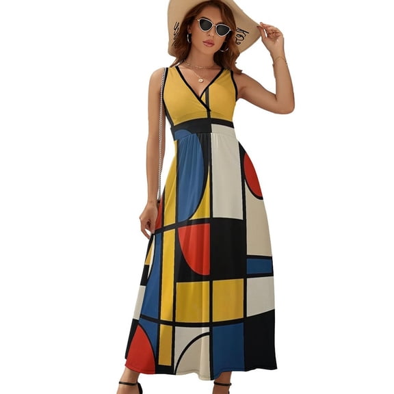 Mondrian Inspired（15） Womens Night Club Maxi Dress V Neck Sleeveless Bohemia Long Dresses