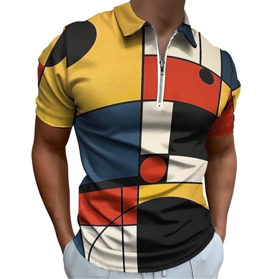 Mondrian Inspired（16） Men Zipper T-shirt Summer Casual Short Sleeve T-shirt Top