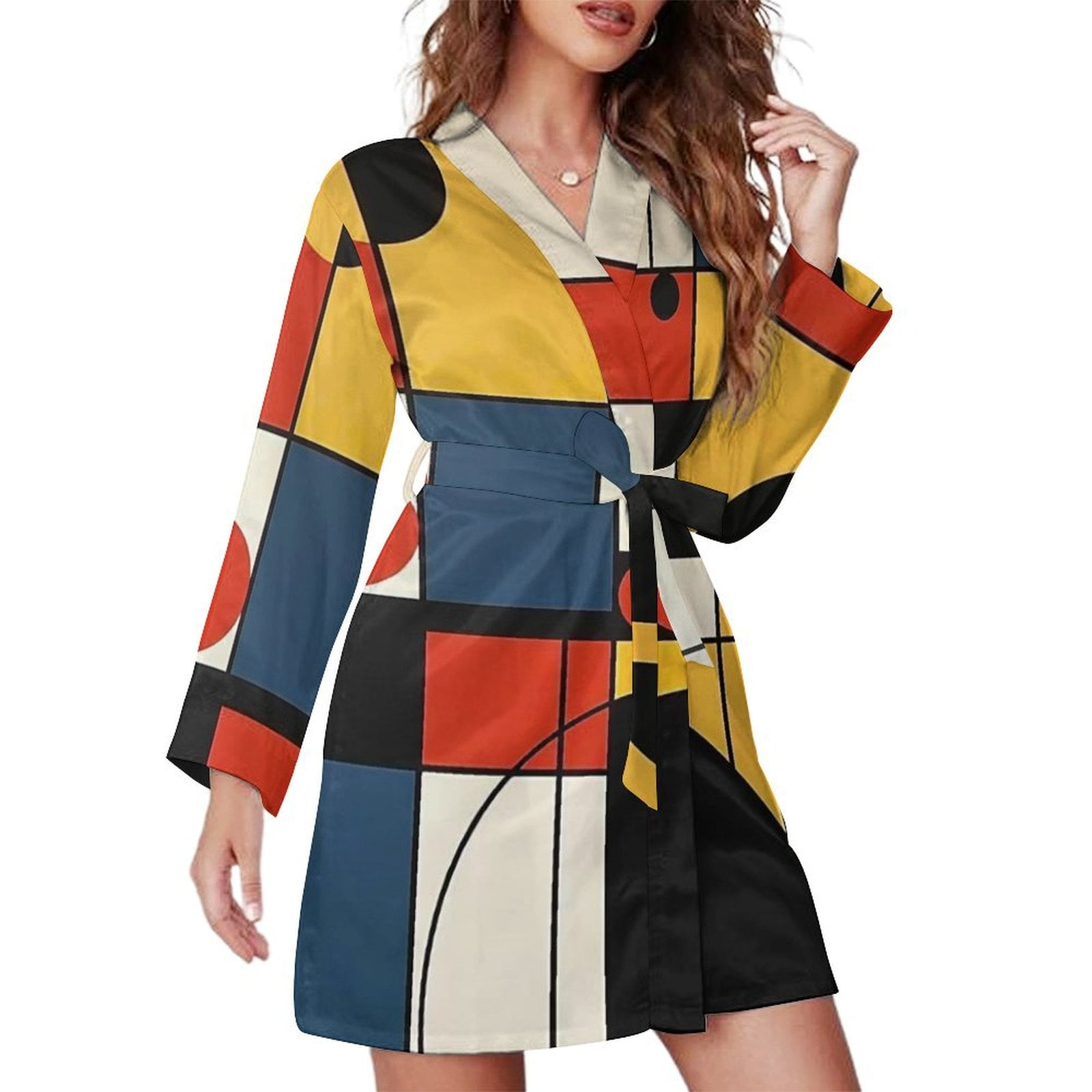 Clockwork Robe Mondrian Inspired(16) Night Robe Long Sleeve V Neck Robe With Belt ...