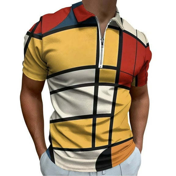 Mondrian Inspired（17） Men Zipper T-shirt Summer Casual Short Sleeve T-shirt Top