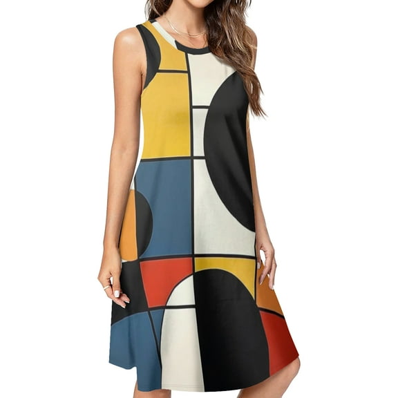 Mondrian Inspired（18） Spring Summer Dresses for Women Fashion T-shirt Dress Casual Sleeveless Loose Sundress with Pockets