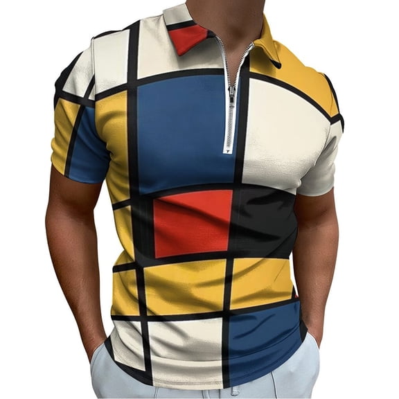 Mondrian Inspired（19） Men Zipper T-shirt Summer Casual Short Sleeve T-shirt Top